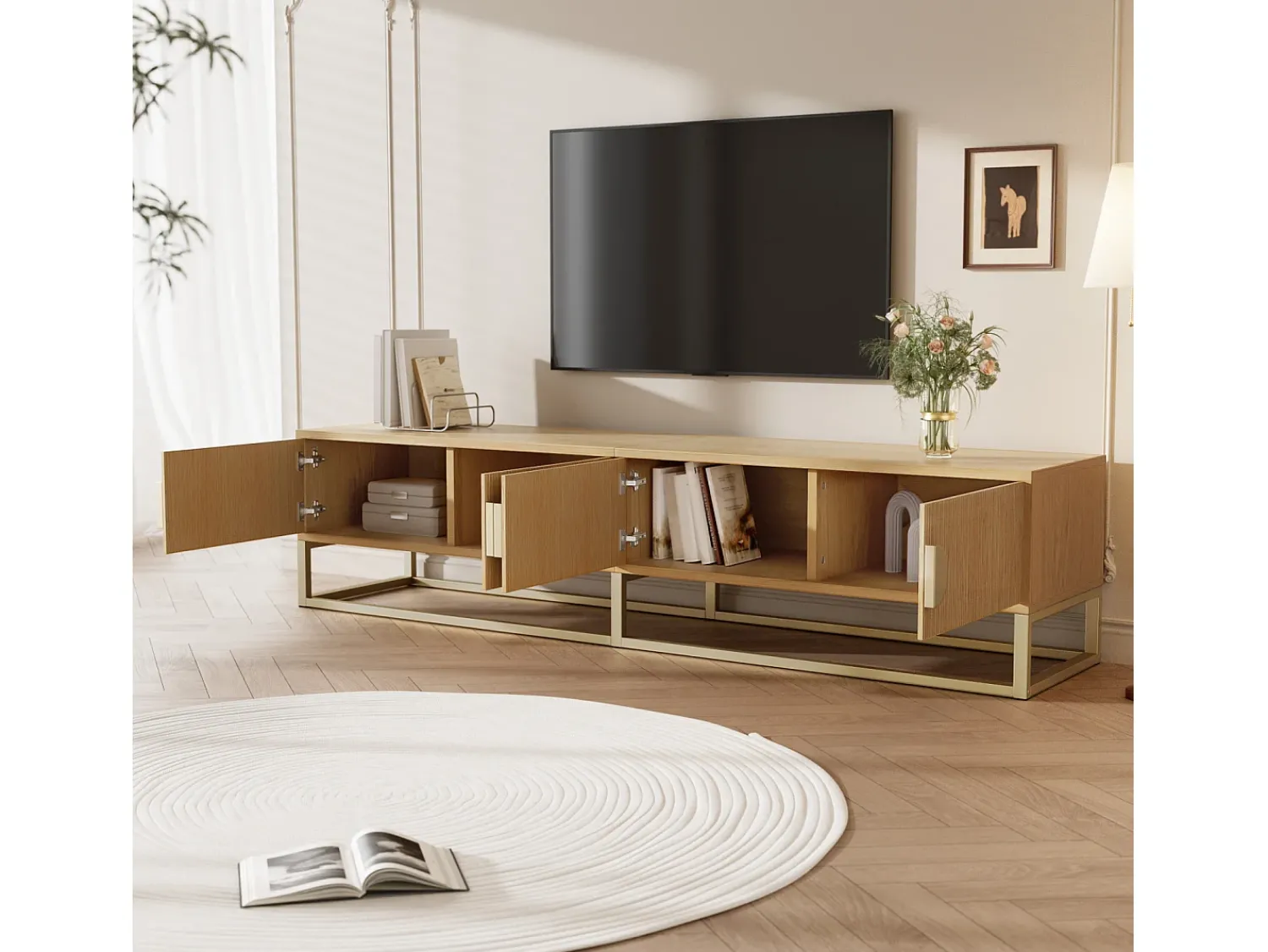 Clearance Móvel para TV de 180 cm, 4 portas, para sala de estar e quarto, branco, com puxador semicircular. Natural claro
