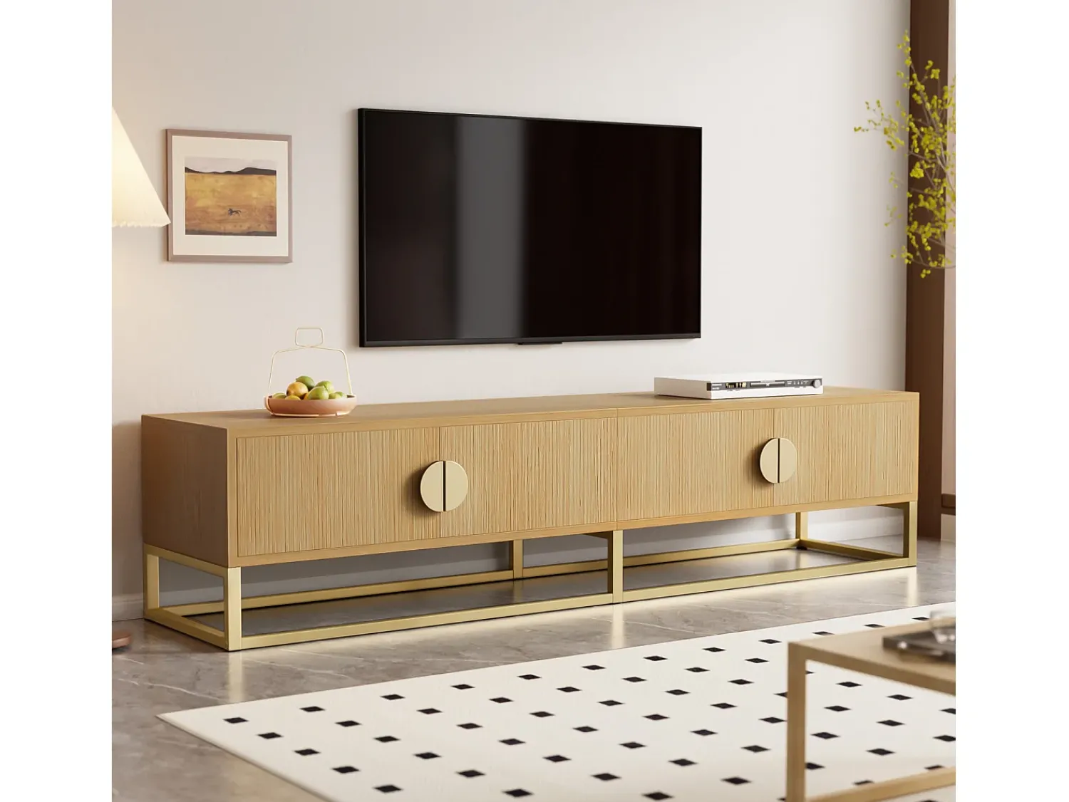 Clearance Móvel para TV de 180 cm, 4 portas, para sala de estar e quarto, branco, com puxador semicircular. Natural claro