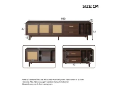 Best Móvel para TV de 190 cm com gavetas, MDF marrom com detalhes em rattan. Natural escuro