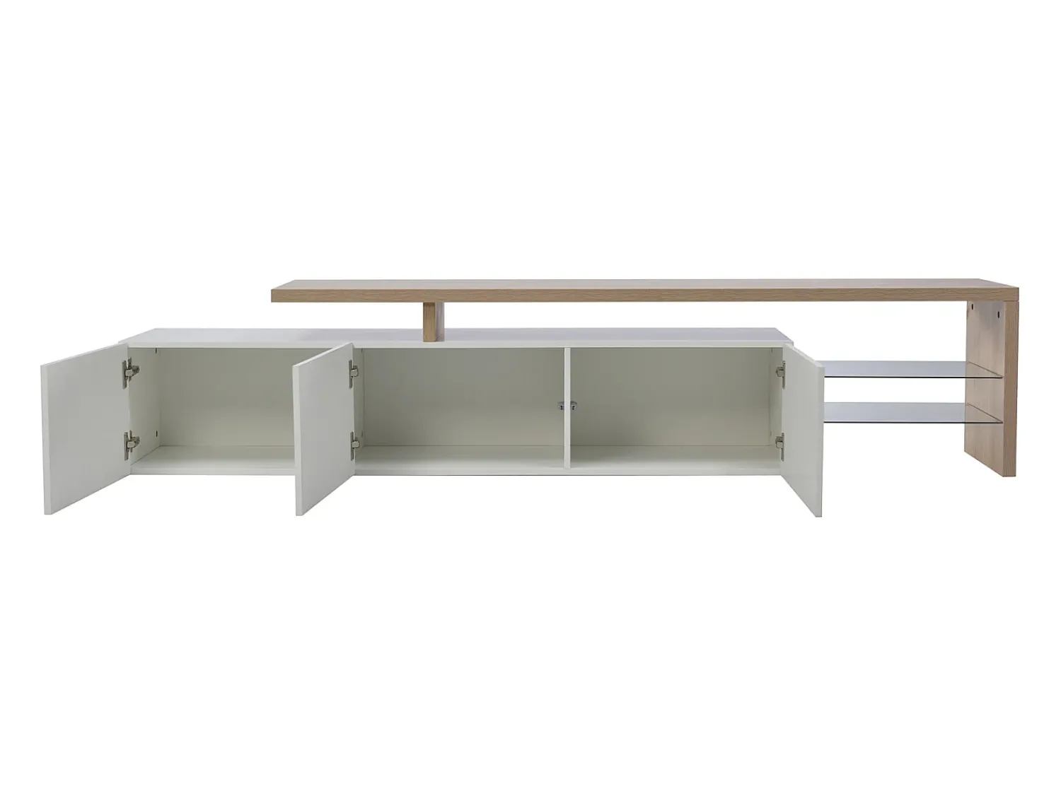 Sale Móvel para TV de 200 cm com iluminação LED, 3 portas e prateleiras de vidro, estilo moderno e baixo, em madeira e . Branco