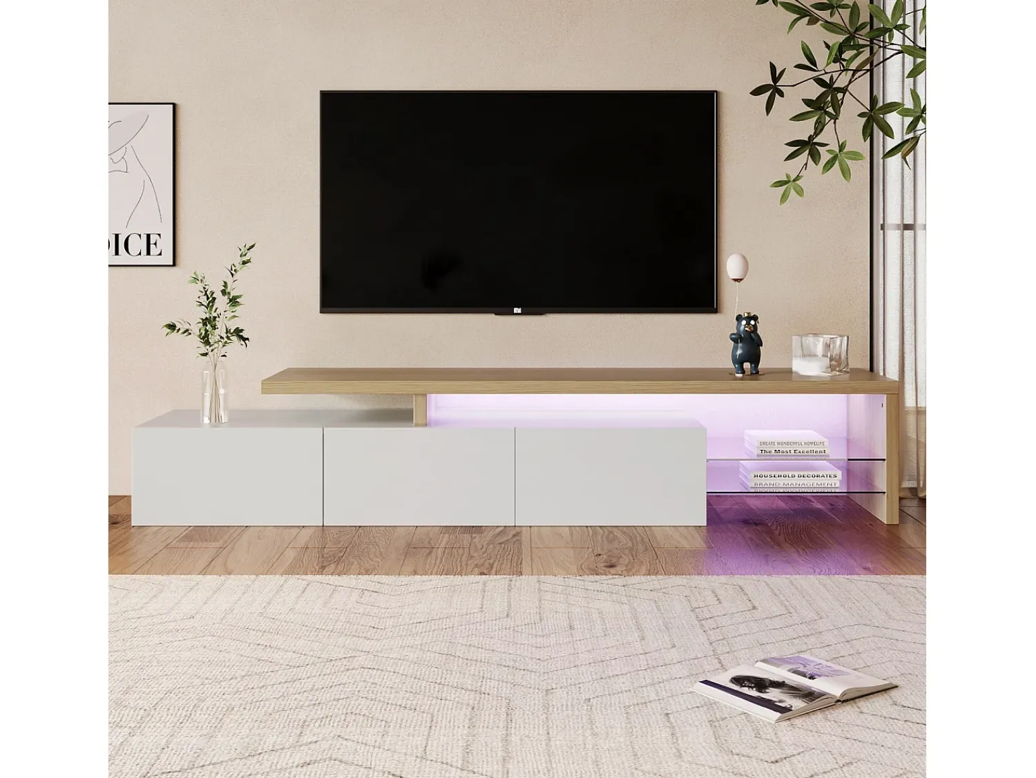 Sale Móvel para TV de 200 cm com iluminação LED, 3 portas e prateleiras de vidro, estilo moderno e baixo, em madeira e . Branco
