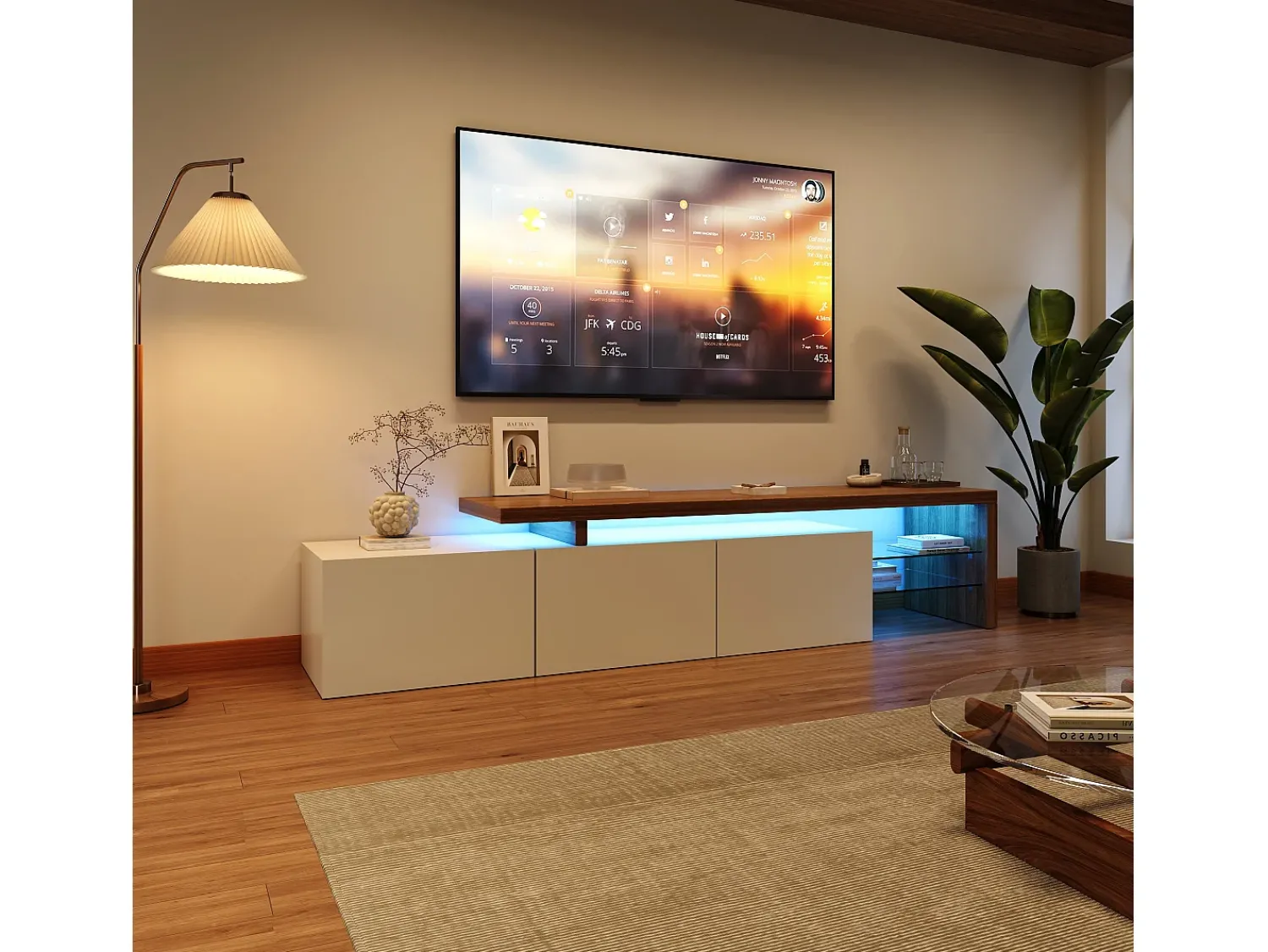 Sale Móvel para TV de 200 cm com iluminação LED, 3 portas e prateleiras de vidro, estilo moderno e baixo, em madeira e . Branco