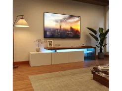 Sale Móvel para TV de 200 cm com iluminação LED, 3 portas e prateleiras de vidro, estilo moderno e baixo, em madeira e . Branco