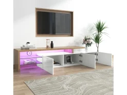 Móvel De Tv| Móvel para TV de 197 cm com iluminação LED, 3 portas e prateleiras de vidro, comprimento ideal para sala de estar, Branco