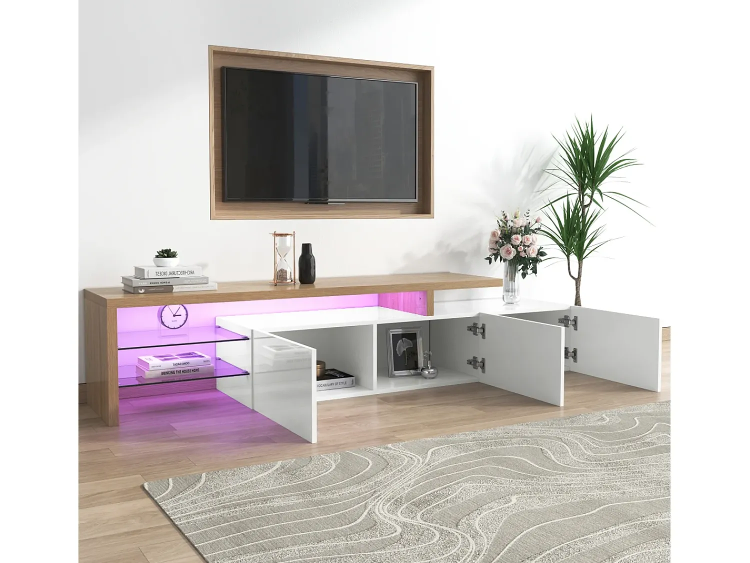 Móvel De Tv| Móvel para TV de 197 cm com iluminação LED, 3 portas e prateleiras de vidro, comprimento ideal para sala de estar, Branco
