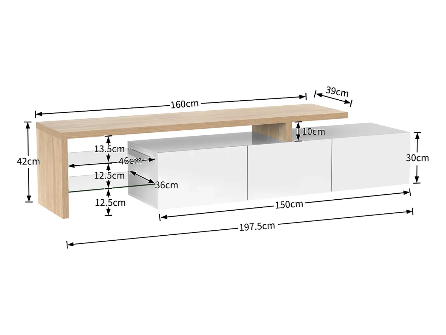 Móvel De Tv| Móvel para TV de 197 cm com iluminação LED, 3 portas e prateleiras de vidro, comprimento ideal para sala de estar, Branco
