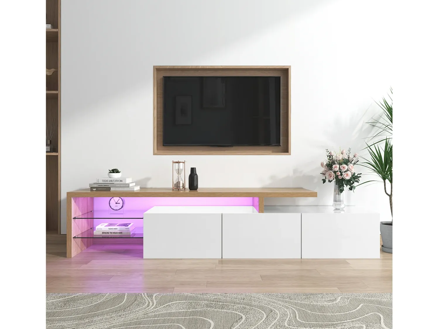 Móvel De Tv| Móvel para TV de 197 cm com iluminação LED, 3 portas e prateleiras de vidro, comprimento ideal para sala de estar, Branco