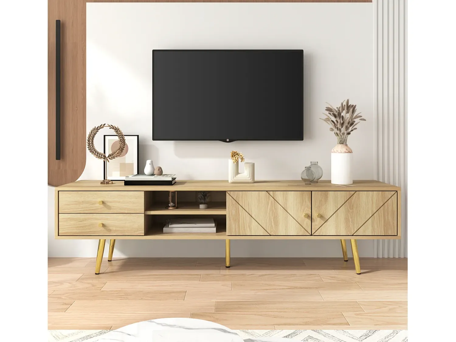 Móvel De Tv* Móvel para TV de 160 cm com pés dourados - Móvel moderno para TV com 2 gavetas e 2 portas - Madeira resistente Natural claro