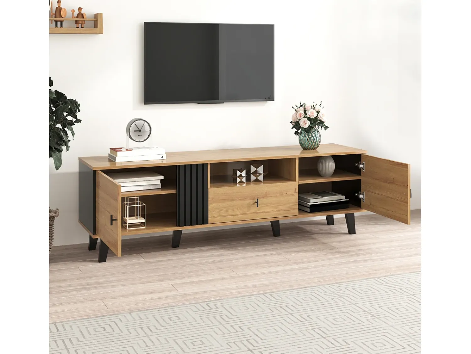 Móvel para TV de 170 cm em madeira e – Elegante móvel baixo com gavetas, amplo espaço de armazenamento e design exclusivo.^ Móvel De Tv
