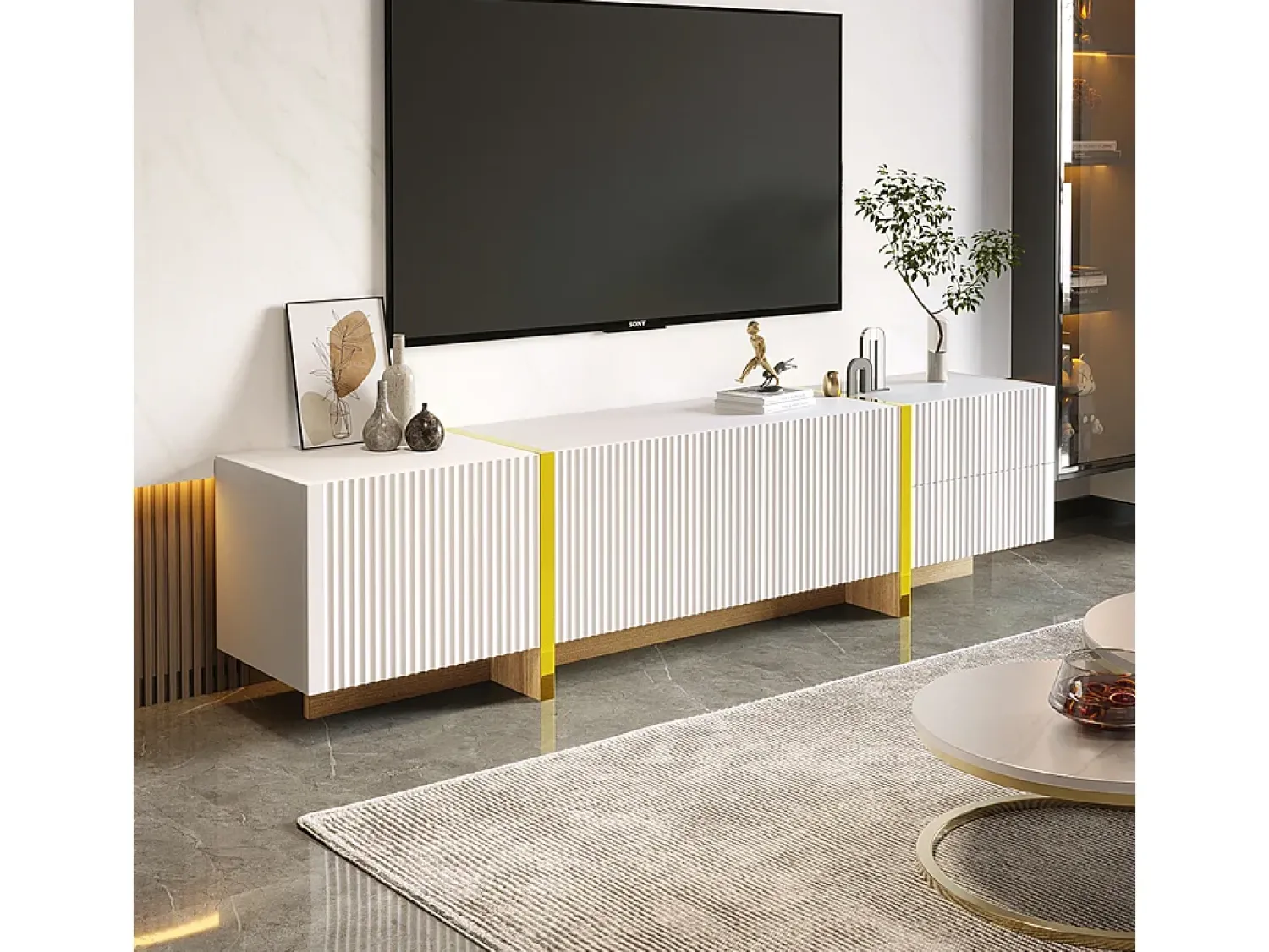 Móvel De Tv*KOMHTOM Móvel para TV de 190 cm, móvel de arrumação, 3 portas e 2 gavetas, com dourado e grão de madeira Branco