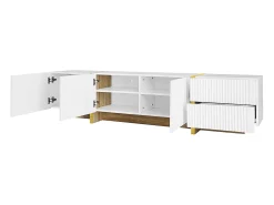 Móvel De Tv*KOMHTOM Móvel para TV de 190 cm, móvel de arrumação, 3 portas e 2 gavetas, com dourado e grão de madeira Branco