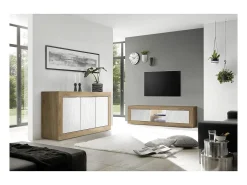 Móvel De Tv|Meublorama Móvel para TV de 2 portas sem iluminação ACCESS. Cor branca e carvalho escuro. Branco