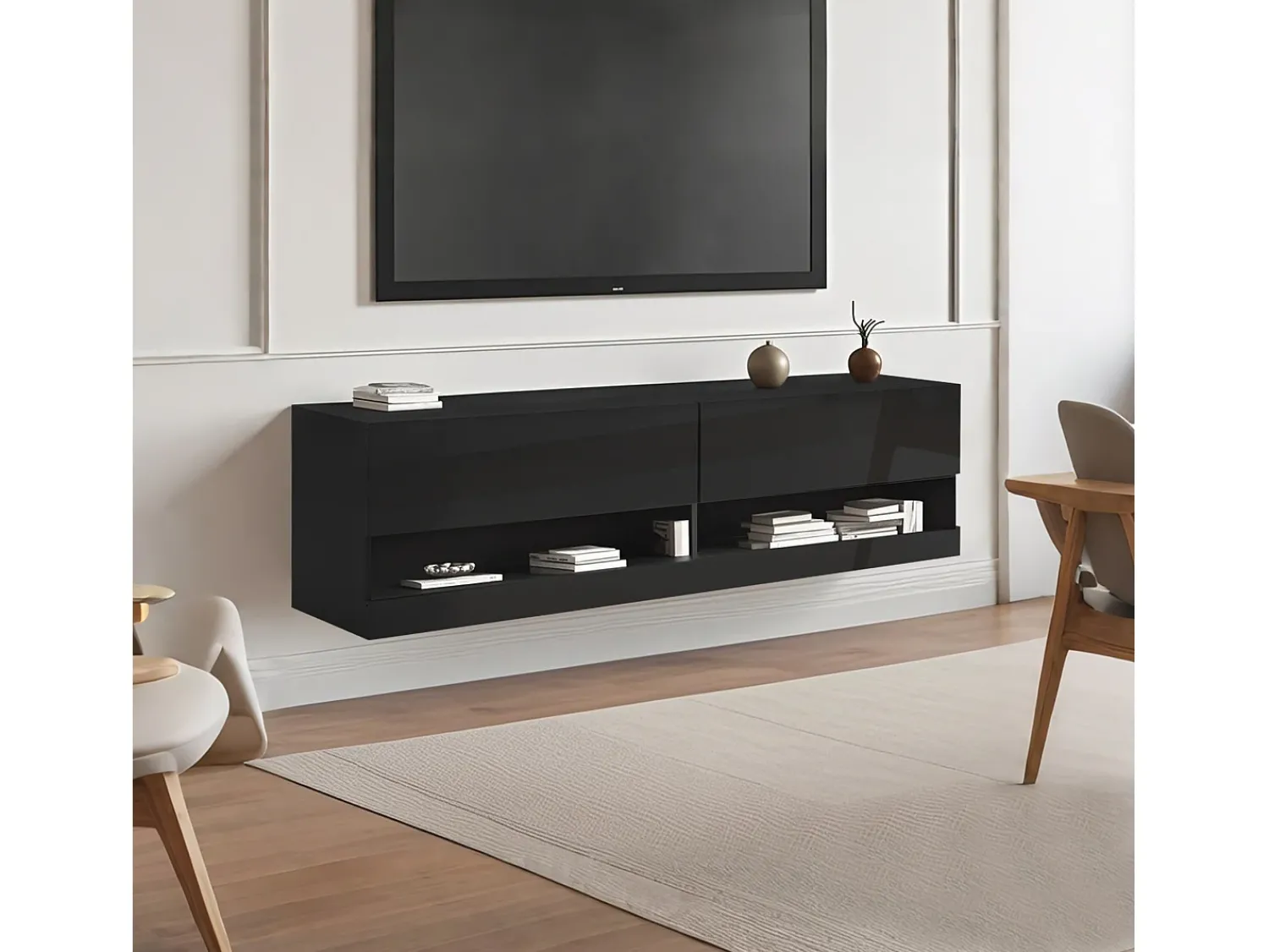 Móvel De Tv* Móvel para TV de parede ou embutido, 140 × 35 × 40 cm, , iluminação LED de 7 cores, rack para TV, ideal para sala de estar. Preto