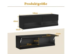 Móvel De Tv* Móvel para TV de parede ou embutido, 140 × 35 × 40 cm, , iluminação LED de 7 cores, rack para TV, ideal para sala de estar. Preto
