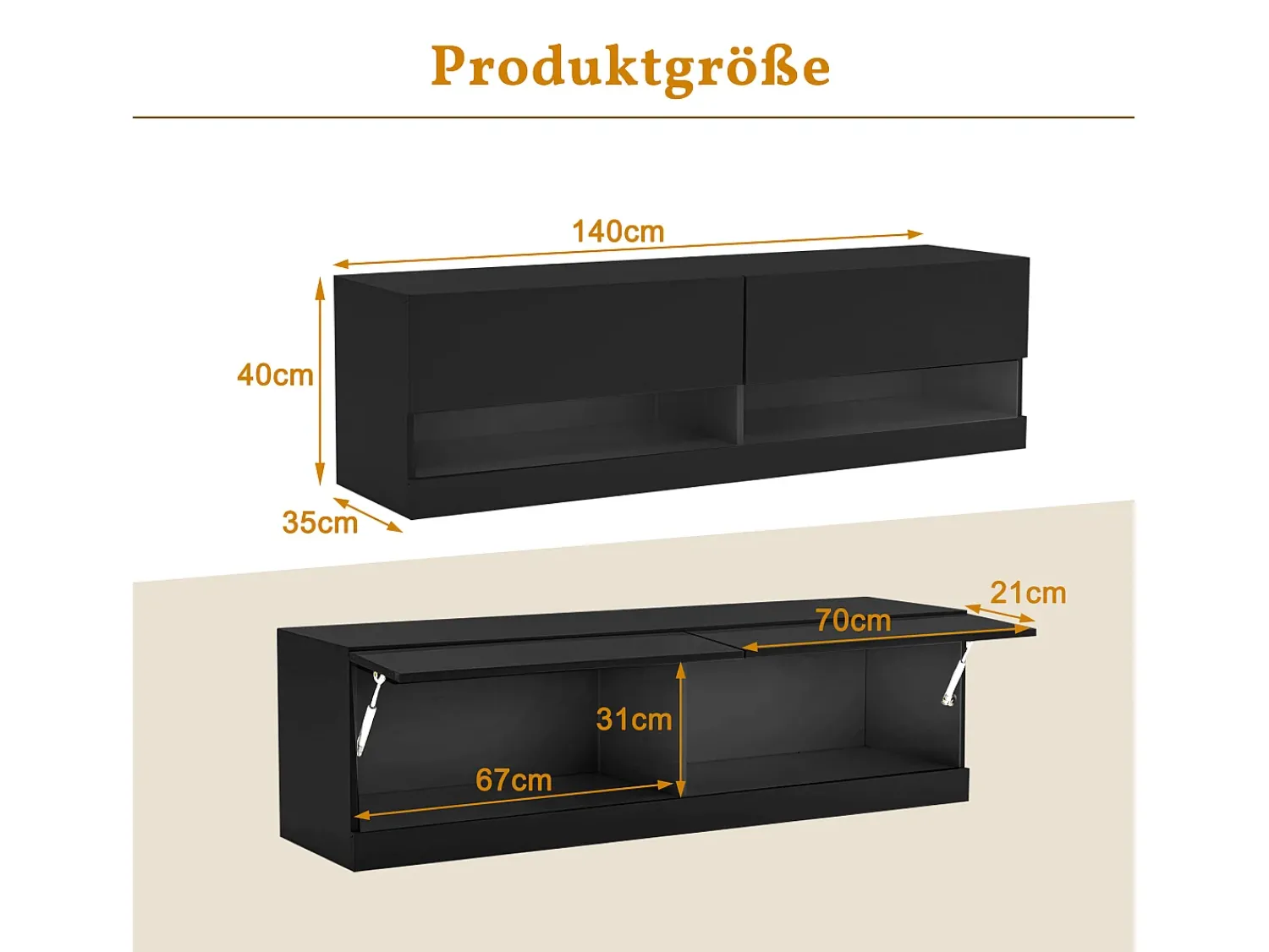 Móvel De Tv* Móvel para TV de parede ou embutido, 140 × 35 × 40 cm, , iluminação LED de 7 cores, rack para TV, ideal para sala de estar. Preto
