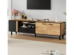 Merax Móvel para TV de sala de estar - 180 x 32,5 x 50 cm - com 3 portas + 1 gaveta + prateleira - para TVs de 80 polegadas - aglomerado - preto + natural^ Móvel De Tv