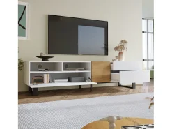 Móvel para TV de sala de estar com 2 portas, 2 gavetas e 2 compartimentos, com pés de metal, e madeira.^ Móvel De Tv