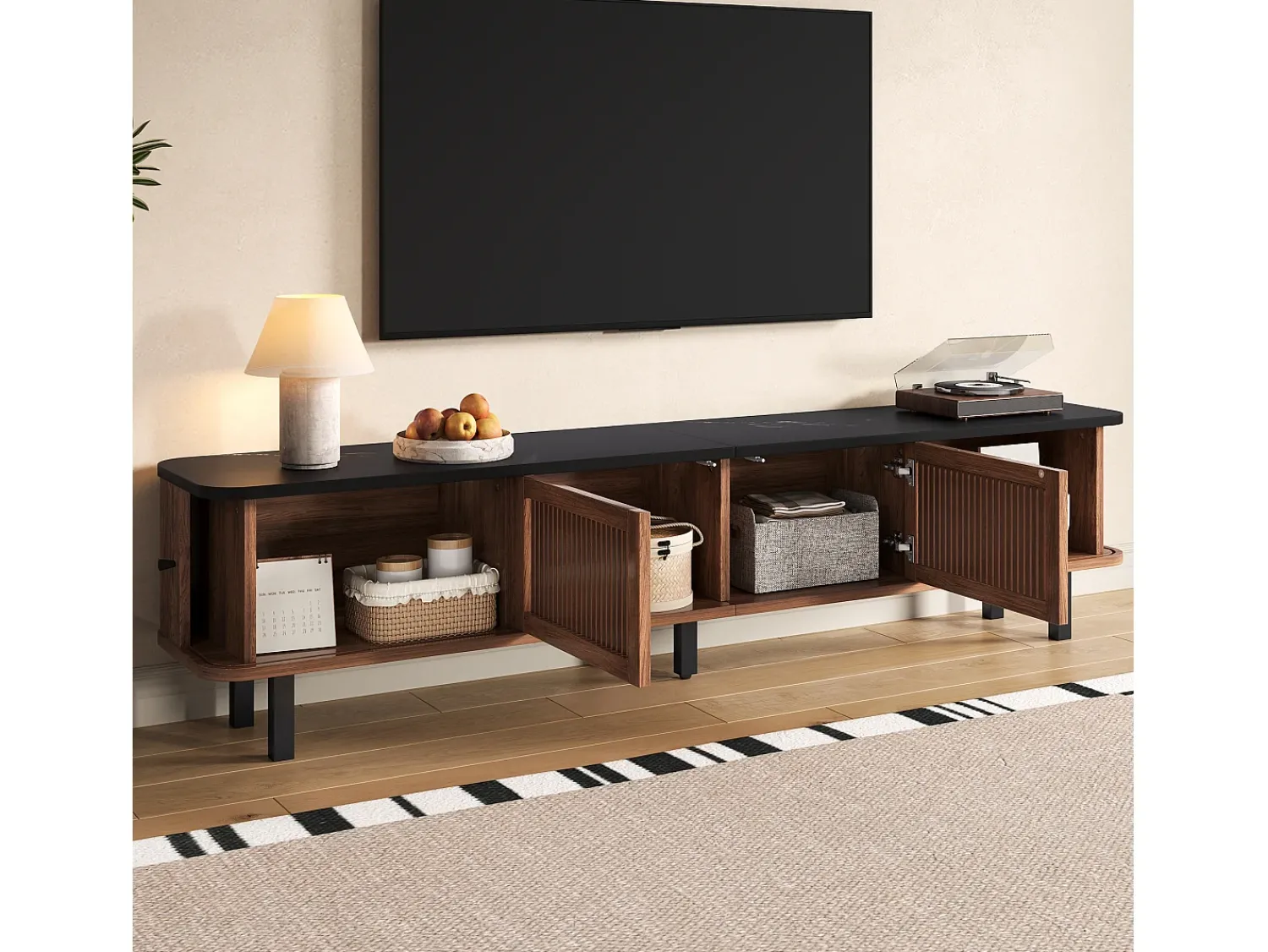 Móvel De Tv|Hauss Spole Móvel para TV de 190x35x45 cm com 2 portas de correr e 2 portas de ecrã - Cor: Madeira escura e preto Natural escuro