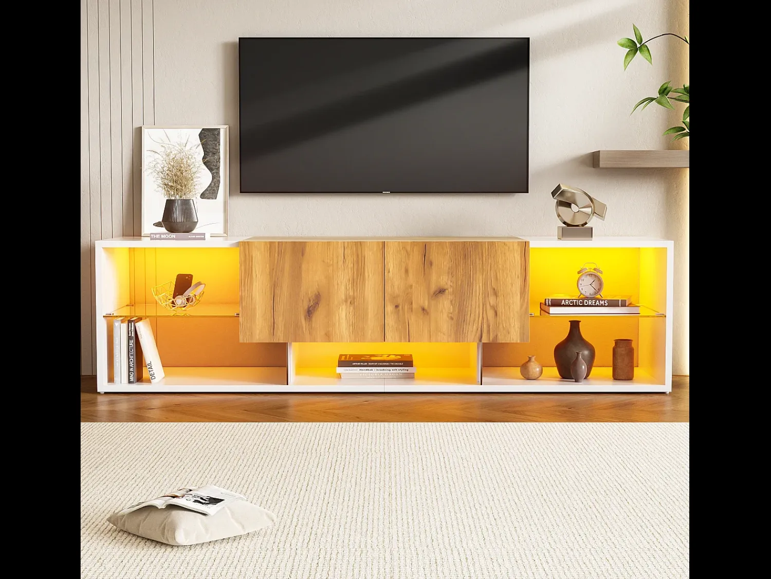 Hauss Spole Móvel para TV de 160x40x42cm com 2 gavetas e 2 prateleiras em vidro, LED incluído, estrutura em madeira com detalhes em branco.^ Móvel De Tv