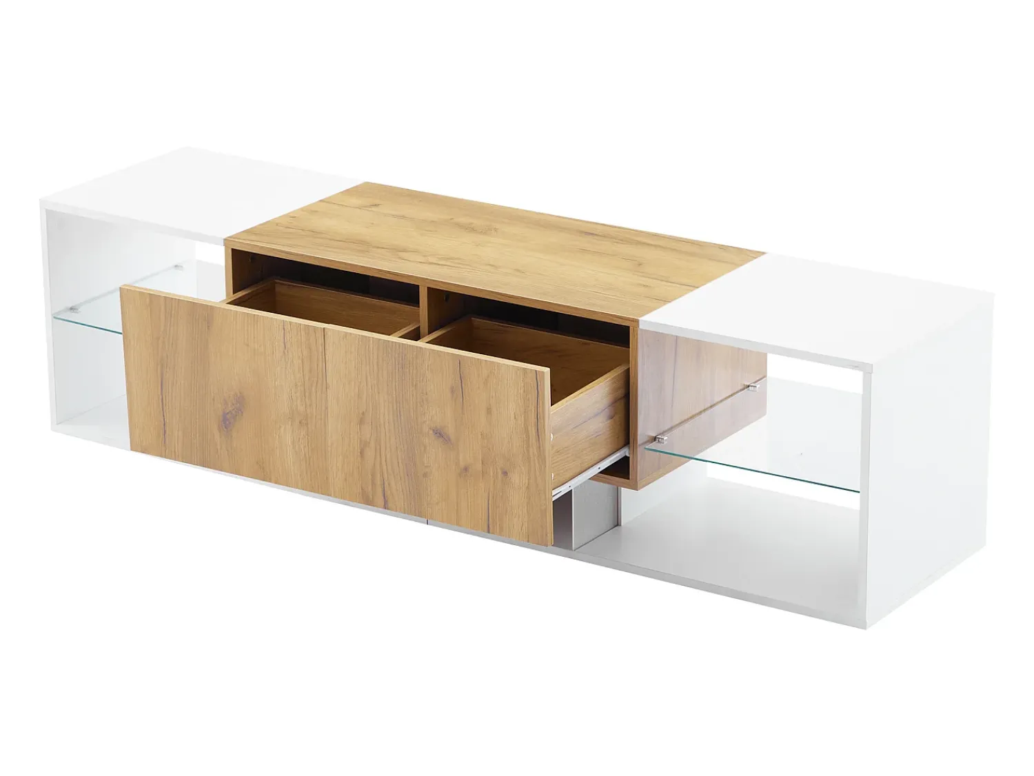 Hauss Spole Móvel para TV de 160x40x42cm com 2 gavetas e 2 prateleiras em vidro, LED incluído, estrutura em madeira com detalhes em branco.^ Móvel De Tv