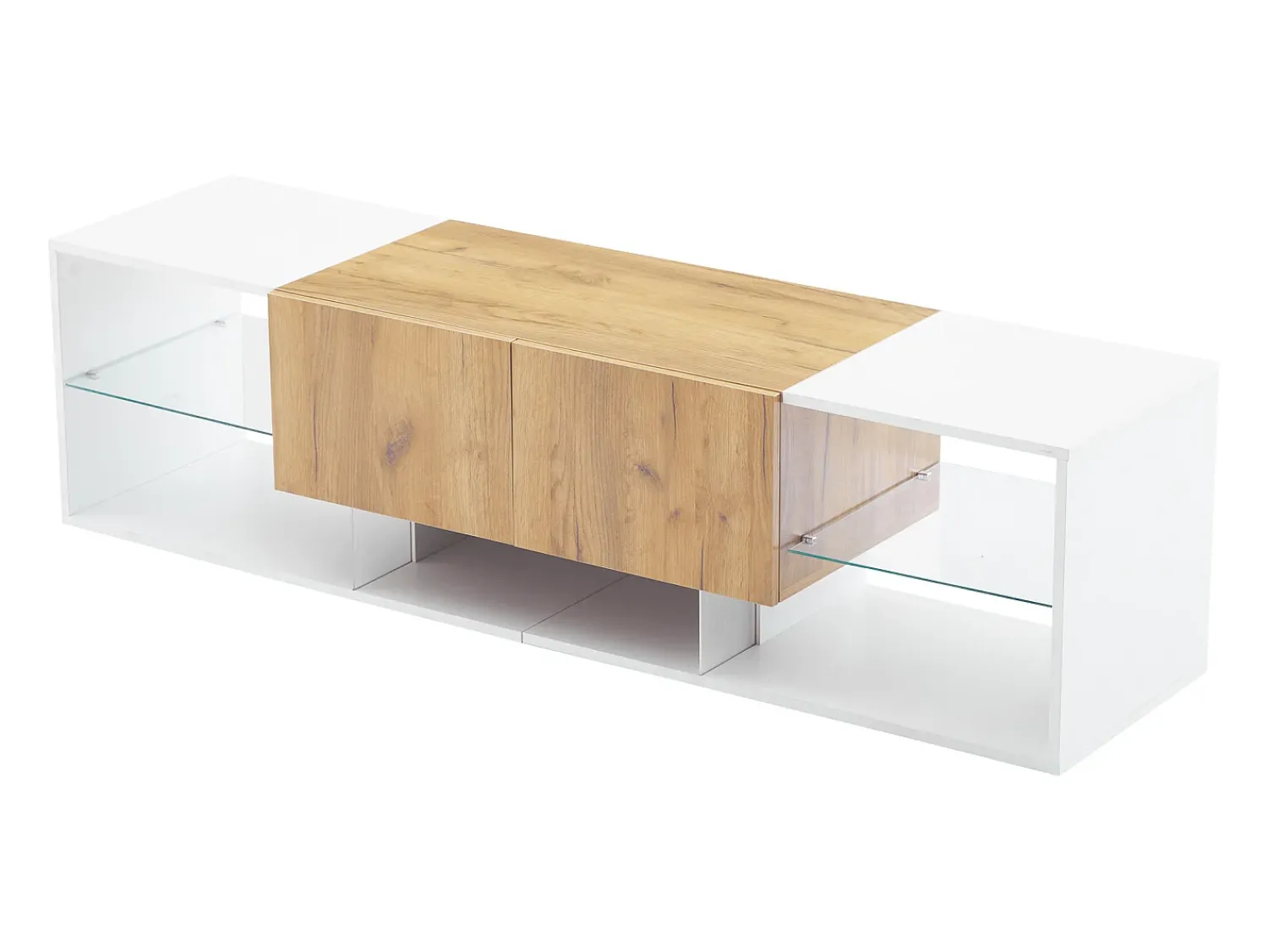 Hauss Spole Móvel para TV de 160x40x42cm com 2 gavetas e 2 prateleiras em vidro, LED incluído, estrutura em madeira com detalhes em branco.^ Móvel De Tv