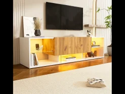 Hauss Spole Móvel para TV de 160x40x42cm com 2 gavetas e 2 prateleiras em vidro, LED incluído, estrutura em madeira com detalhes em branco.^ Móvel De Tv