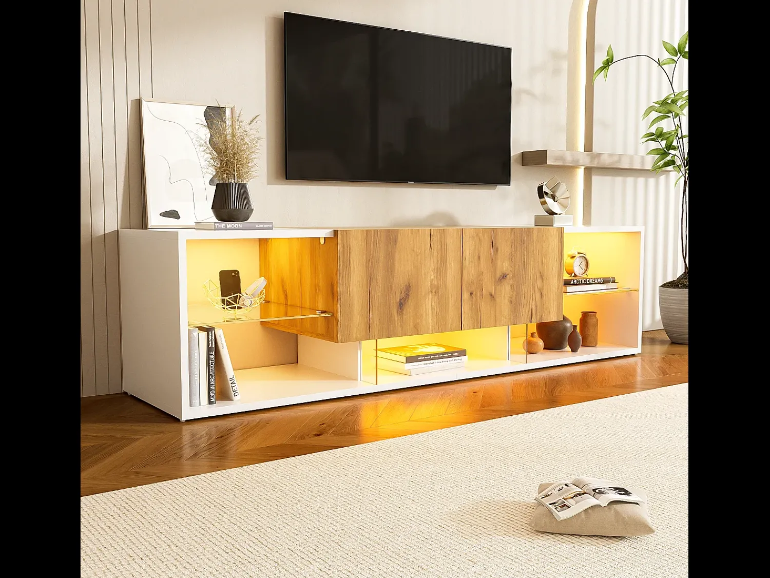 Hauss Spole Móvel para TV de 160x40x42cm com 2 gavetas e 2 prateleiras em vidro, LED incluído, estrutura em madeira com detalhes em branco.^ Móvel De Tv