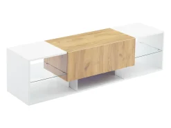 Hauss Spole Móvel para TV de 160x40x42cm com 2 gavetas e 2 prateleiras em vidro, LED incluído, estrutura em madeira com detalhes em branco.^ Móvel De Tv