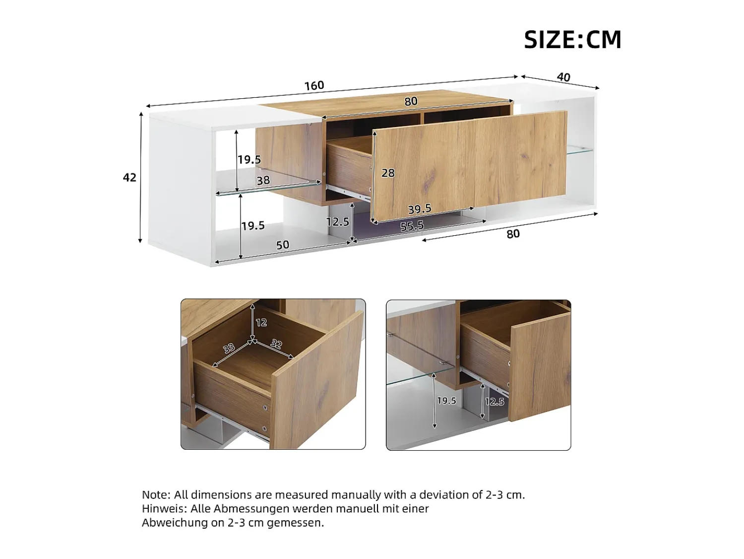 Hauss Spole Móvel para TV de 160x40x42cm com 2 gavetas e 2 prateleiras em vidro, LED incluído, estrutura em madeira com detalhes em branco.^ Móvel De Tv