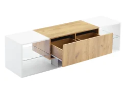 Hauss Spole Móvel para TV de 160x40x42cm com 2 gavetas e 2 prateleiras em vidro, LED incluído, estrutura em madeira com detalhes em branco.^ Móvel De Tv