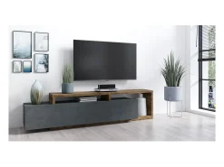 Móvel De Tv|Meublorama Móvel para TV design 220cm coleção BERGAME. Cores cinza e carvalho escuro. Cinzento