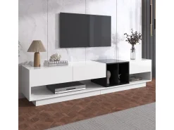 Móvel para TV em blocos de cores e preto com acabamento brilhante, gavetas e diversos espaços de armazenamento.^ Móvel De Tv