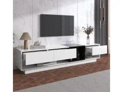 Móvel para TV em blocos de cores e preto com acabamento brilhante, gavetas e diversos espaços de armazenamento.^ Móvel De Tv