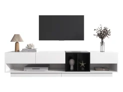 Móvel para TV em blocos de cores e preto com acabamento brilhante, gavetas e diversos espaços de armazenamento.^ Móvel De Tv