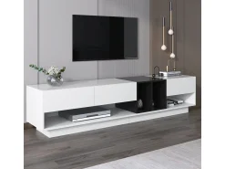 Móvel para TV em blocos de cores e preto com acabamento brilhante, gavetas e diversos espaços de armazenamento.^ Móvel De Tv