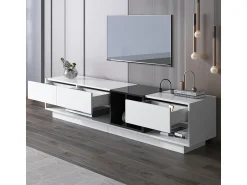 Móvel para TV em blocos de cores e preto com acabamento brilhante, gavetas e diversos espaços de armazenamento.^ Móvel De Tv