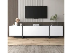 Móvel De Tv| Móvel para TV em e preto brilhante com portas e gavetas. Design de linhas simples. Branco
