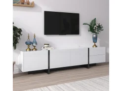 Móvel De Tv| Móvel para TV em e preto brilhante com portas e gavetas. Design de linhas simples. Branco