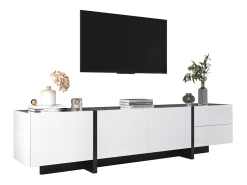 Móvel De Tv| Móvel para TV em e preto brilhante com portas e gavetas. Design de linhas simples. Branco