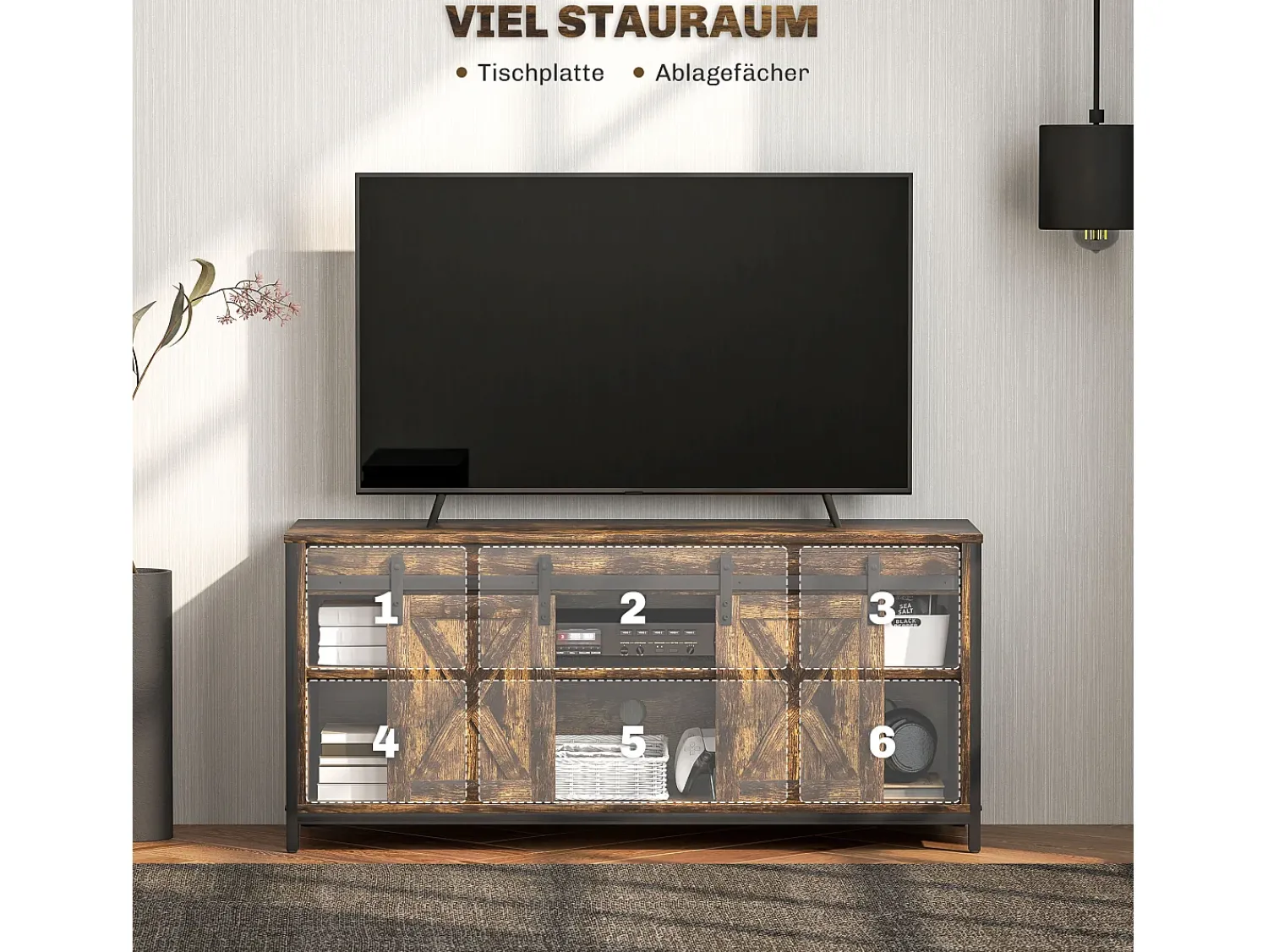 Móvel para TV em estilo industrial com 2 portas de correr e prateleiras ajustáveis, cor marrom.^ Móvel De Tv