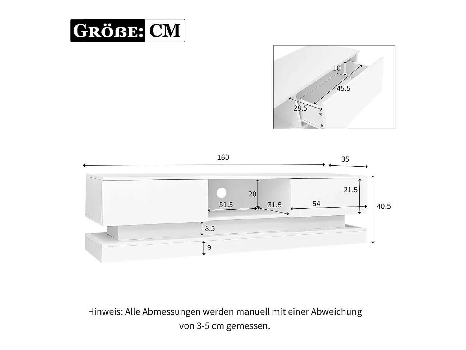 Móvel De Tv*Hauss Spole Móvel para TV em lacado brilhante com iluminação LED e 2 gavetas, 160 x 35 x 40,5 cm Branco