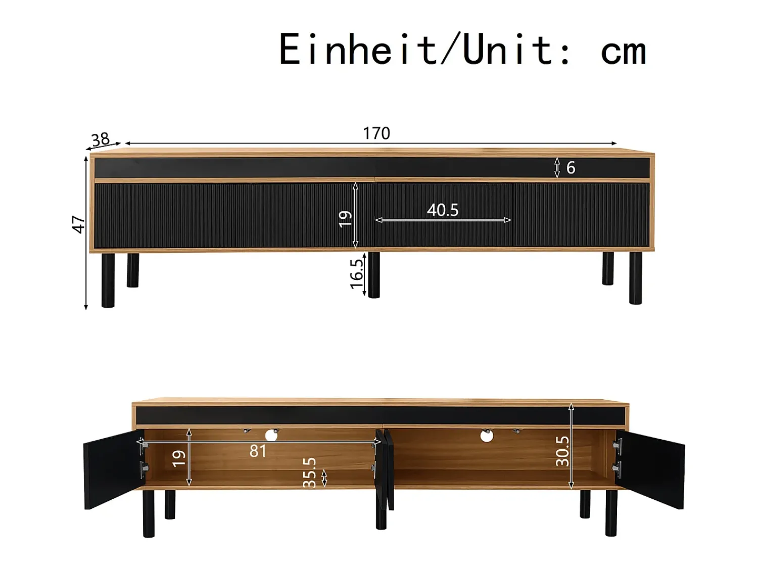 Móvel De Tv* Móvel para TV em madeira e , modelo baixo com 4 portas, ideal para hall de entrada e quarto, 170x38x47,7cm Preto