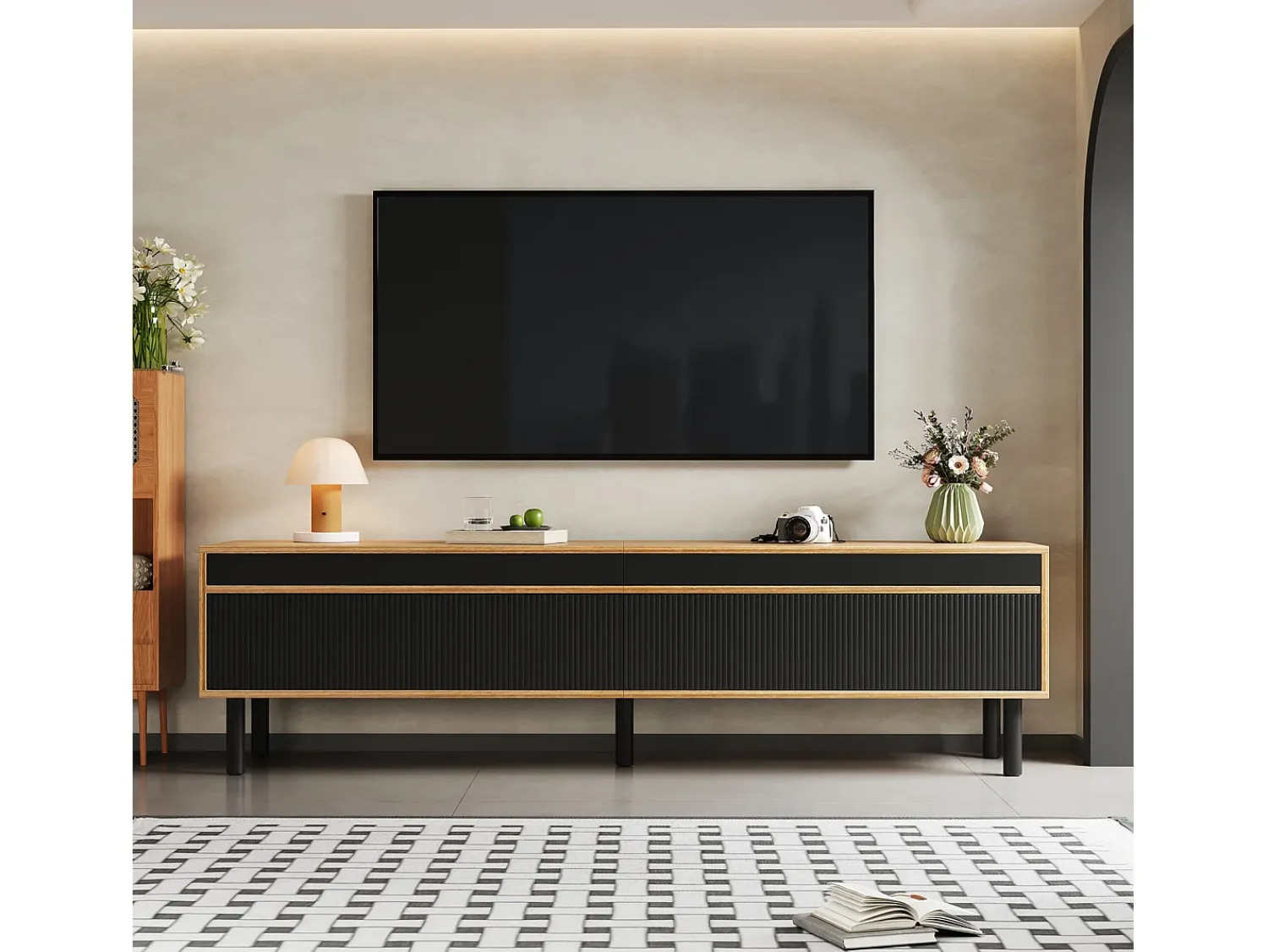 Móvel De Tv* Móvel para TV em madeira e , modelo baixo com 4 portas, ideal para hall de entrada e quarto, 170x38x47,7cm Preto