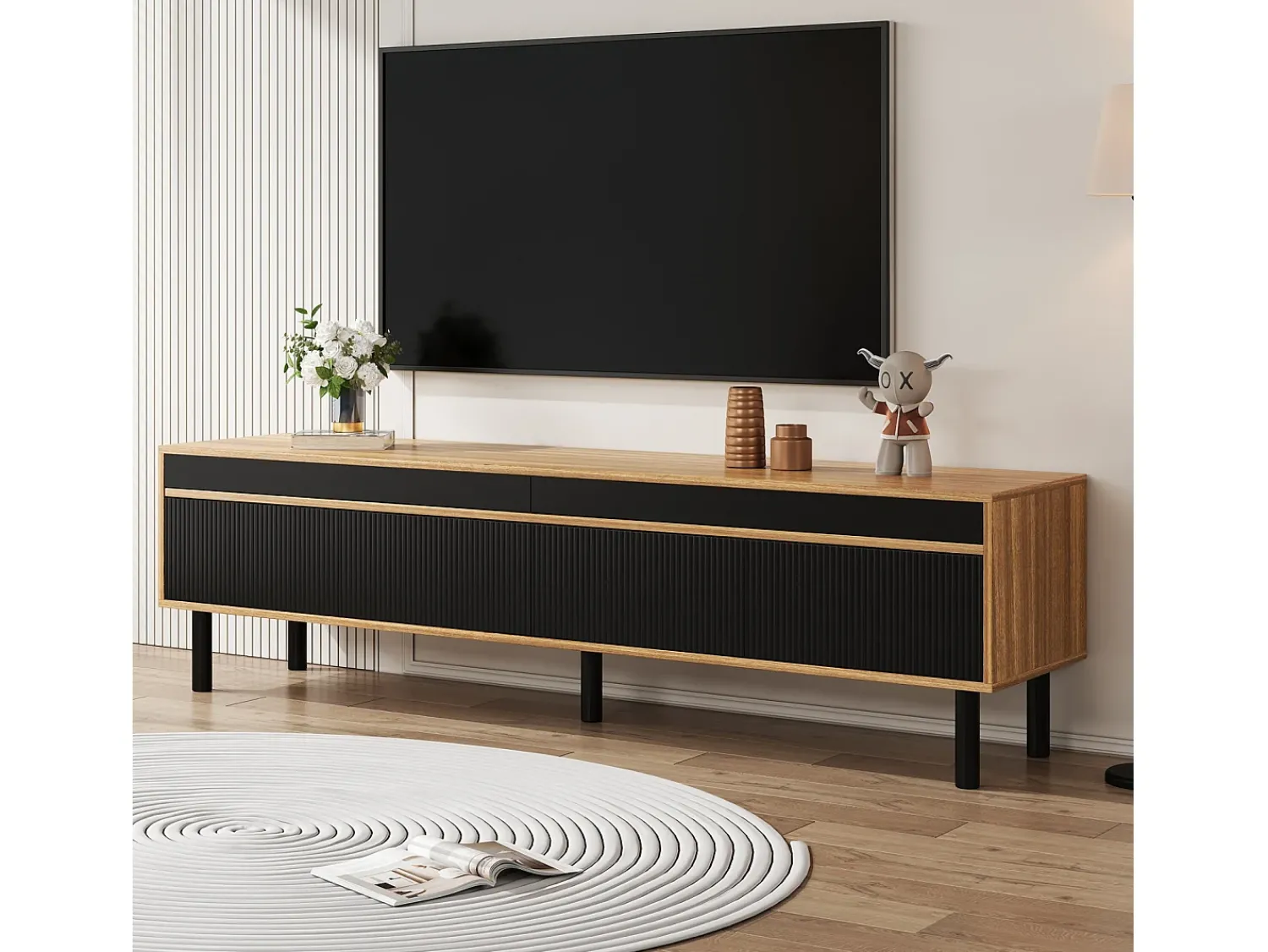 Móvel De Tv* Móvel para TV em madeira e , modelo baixo com 4 portas, ideal para hall de entrada e quarto, 170x38x47,7cm Preto