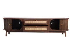 Móvel De Tv* Móvel para TV em madeira maciça com 2 portas e 2 gavetas, 170 x 39,5 x 46 cm, com laterais em rattan. Castanho