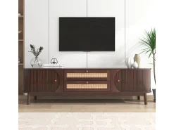 Móvel De Tv| Móvel para TV em madeira natural com portas, gavetas e laterais em rattan. Natural escuro