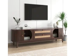 Móvel De Tv| Móvel para TV em madeira natural com portas, gavetas e laterais em rattan. Natural escuro