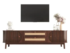 Móvel De Tv| Móvel para TV em madeira natural com portas, gavetas e laterais em rattan. Natural escuro