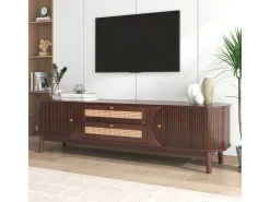 Móvel De Tv| Móvel para TV em madeira natural com portas, gavetas e laterais em rattan. Natural escuro