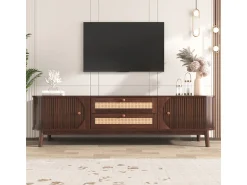 Móvel De Tv| Móvel para TV em madeira natural com portas, gavetas e laterais em rattan. Natural escuro